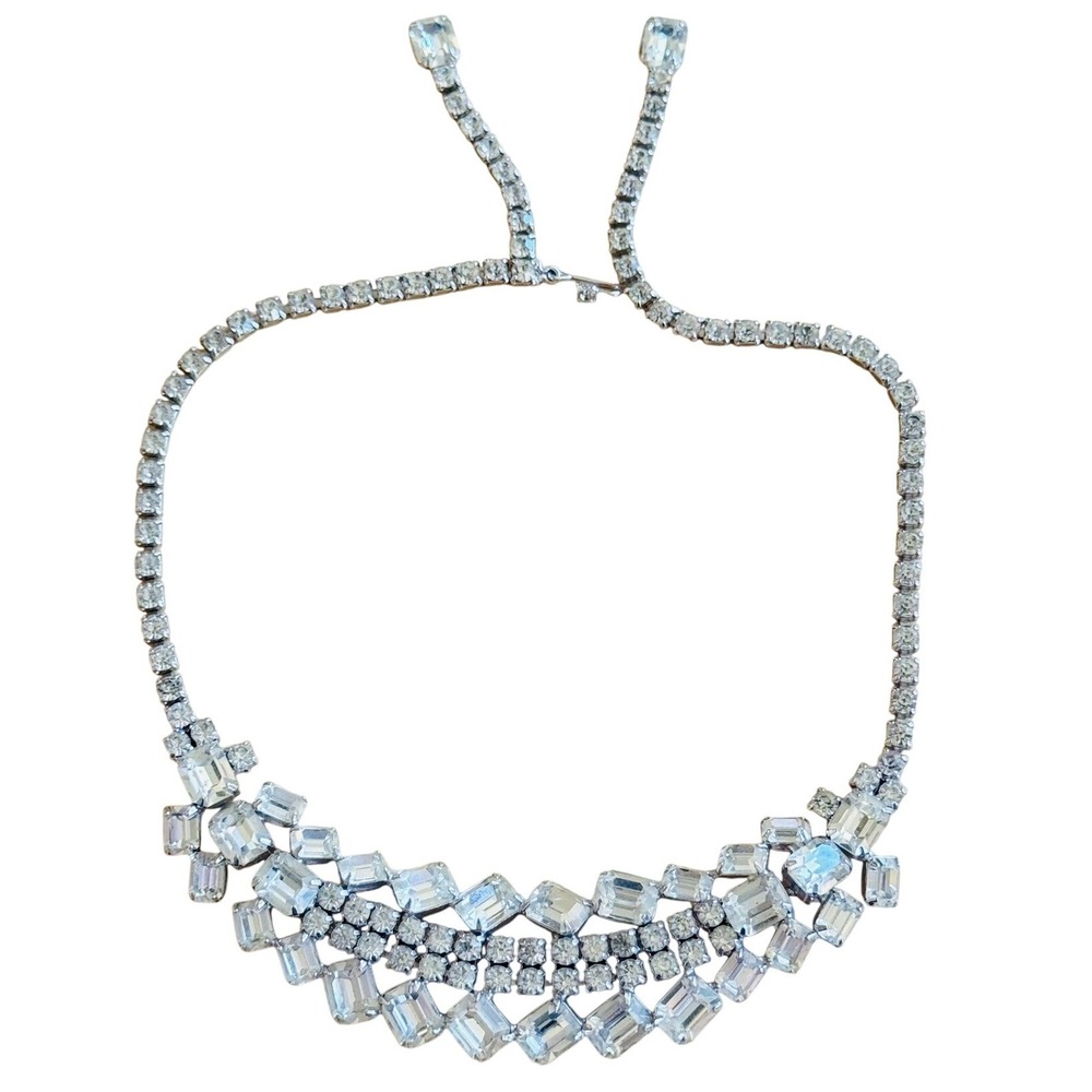 VTG Sparkly Crystal Rhinestone Necklace Regal Silver tone Baguette Bridal 50s
